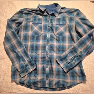 Kuhl Ionik women's size XL teal, tan long sleeve light weight shirt VGUC